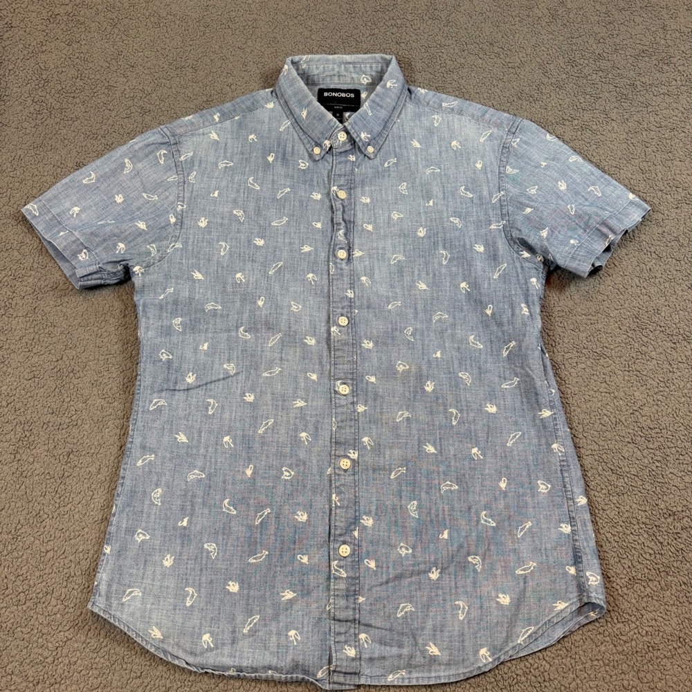 Bonobos Mens Slim Fit Short Sleeve Fish Print Chambray Button Down Shirt Blue M